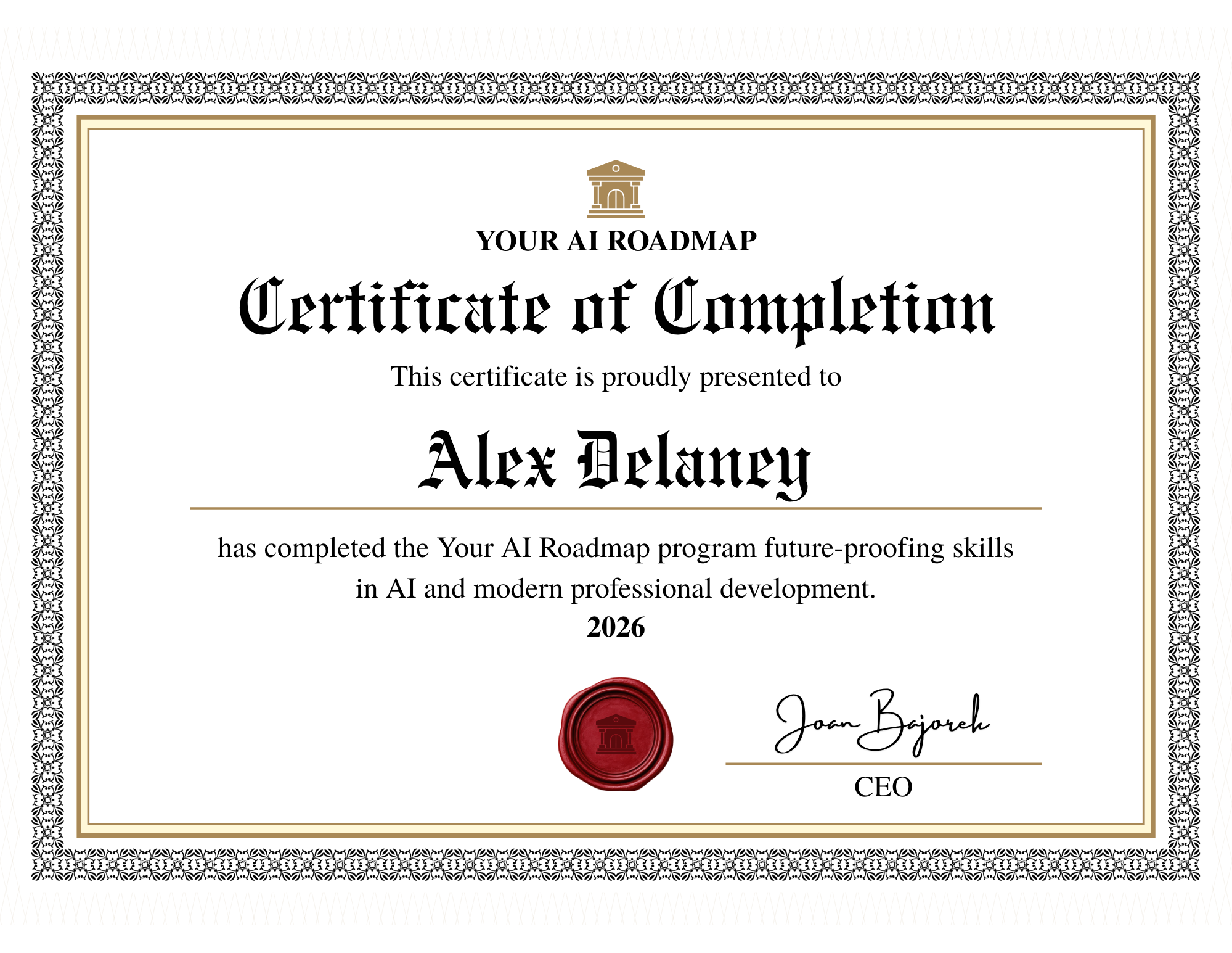 Certificate of Completion from Your AI Roadmap Program, signed by Joan Bajorek